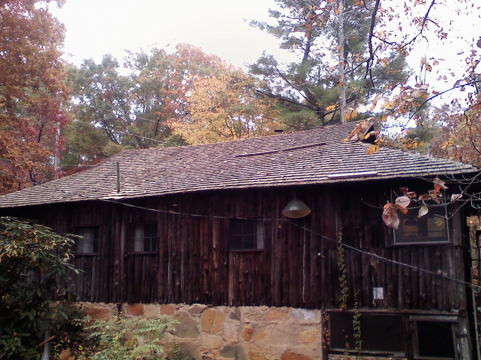 Weathered wood shake roof on a rustic board sided cabin in Shinnston